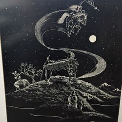 D.L. Valdes "Ghost Rider" Scratchboard Print Framed Santa Fe NM Native Art