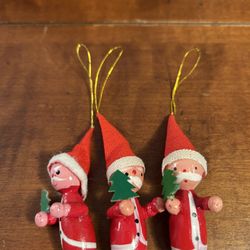 Set of Miniature Wooden Santa Ornaments 2.75” Long - full length with loop is 4”