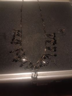 Silver Tone Necklace with Dark Stone Drops