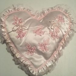 Pink Pillow Heart Shape with two lace ribbon ring holder