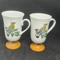 VTG Fred Roberts Irish Pedestal Song Birds Coffee Mugs Cups Cedar Waxwing Set: 2