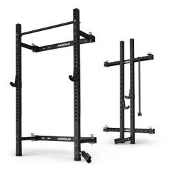 Mikolo 2" x 2" Folding Wall Mounted Squat Rack, 1000 Pounds Capacity Power Rack with Pull Up Bar, J Hooks and Other Attachments, Space-Saving Home Gym