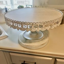 White Distressed 16”in Ornate Cake Stand Shabby Chic