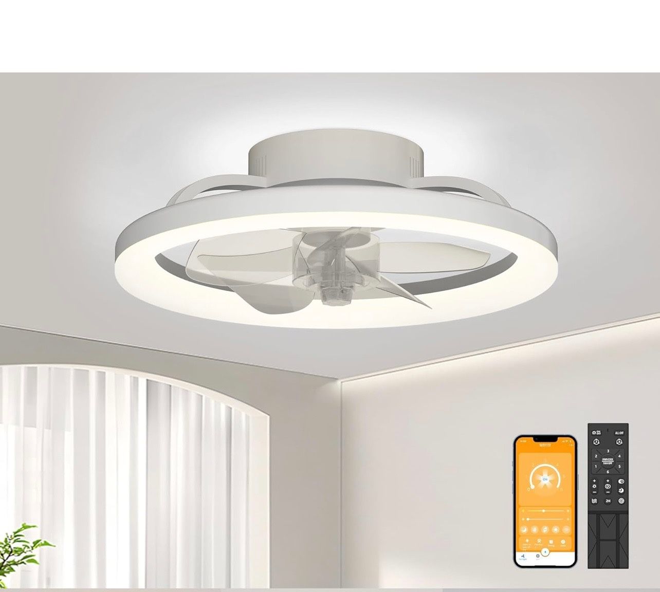 NEW IN BOX Ceiling Fans with Lights and Remote White 16 inch Bladeless Modern Ceiling Fan, Low Profile Flush Mount Ceiling Fan Lights