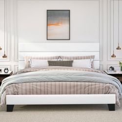 King Size Bed Frame, Platform Bed Frame with Upholstered Velvet Headboard, White