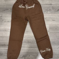 Yours Truly by Phora Brown Cuffed Sweats Joggers With Embroidered Love Yourself Men’s Size Small