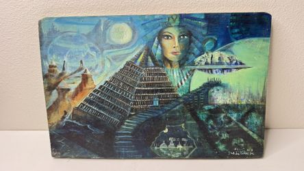 Original Signed Painting on Wood Panel 17x11 Surreal Egyptian Fantasy Art