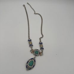 Vintage Givenchy Signed Gold Tone Green Blue & Clear Rhinestone Necklace 18-21”