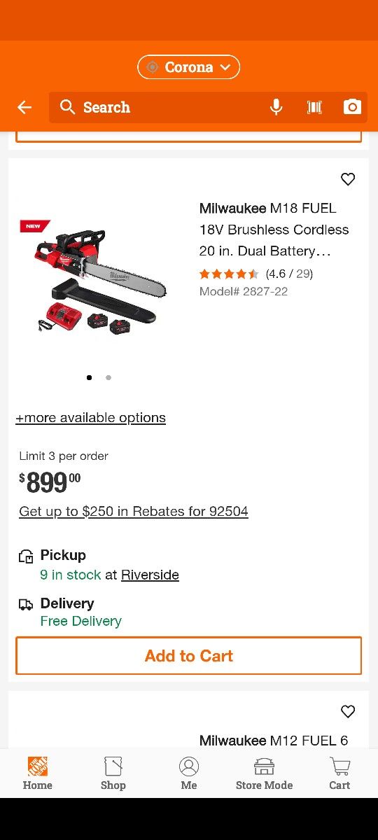 Milwaukee 20" Chain Saw W/2 Batteries 