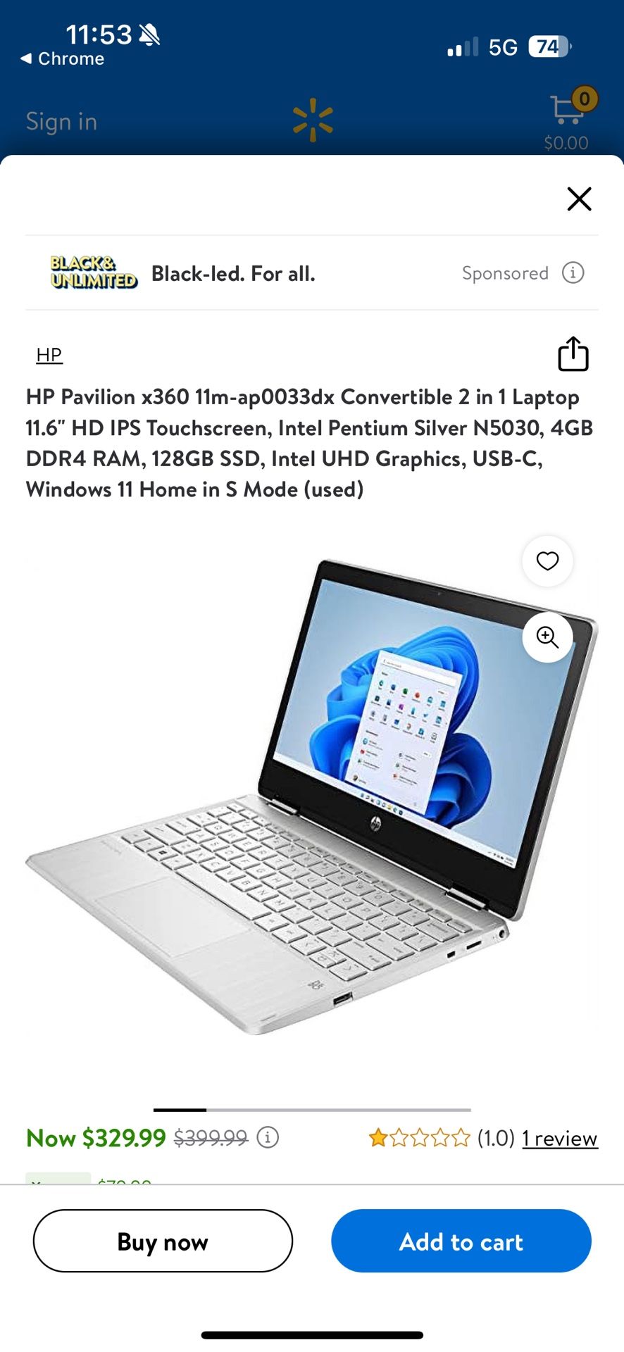 HP Pavilion x360 11m-ap0033dx Convertible 2 in 1 Laptop 11.6" HD IPS Touchscreen,