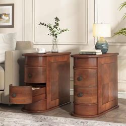 23.6 in. Solid Wood 2-Drawer U- Shaped End Table Set, No Assembly Required, Finished Back, Walnut