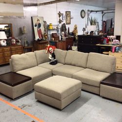 Large Seven Piece Tan Reversible L Shaped Modular Sofa Sectional With Side Tables And Ottoman For Sale! 🛋️   - 7 pieces - 2 Side tables - Ottoman  - 