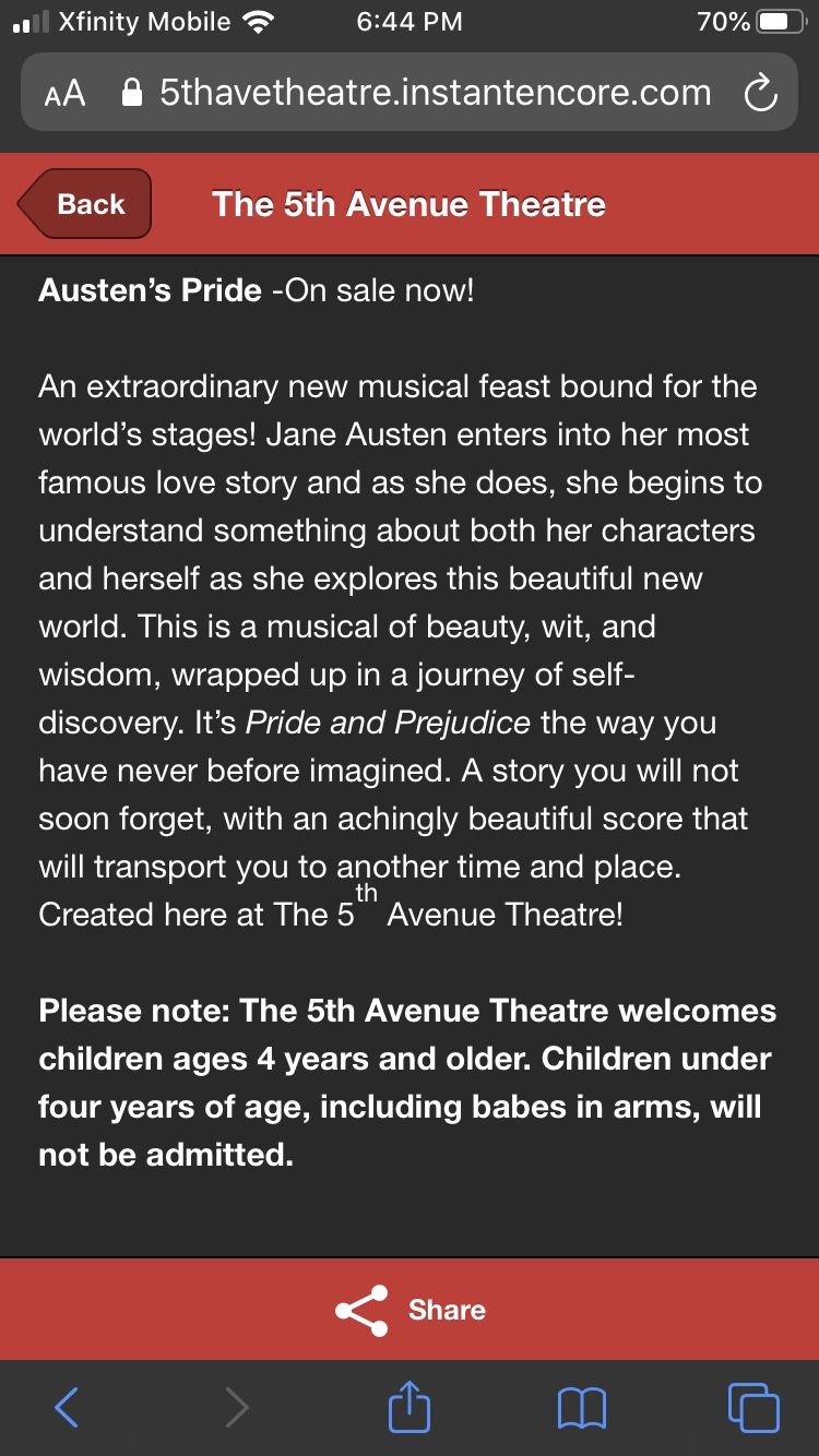2 Tickets for Austen’s Pride at 5th Avenue Theater Friday 10/25