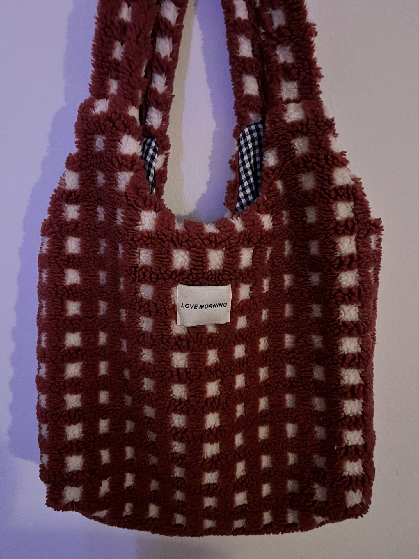 Red and Navy Checkered Large Fluffy Tote Bag With Pockets 