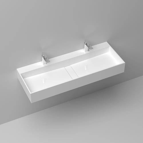 47 Inch Wall-Mount Double Sink Stone Resin Glossy White Trough Bathroom Sink-828