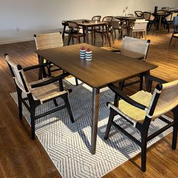 Modern Wood Dining Table and 4 Cane Chairs Set