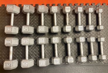 The Couple's Set... Cast Iron Hex Dumbbells: 5s, 8s, 10s, 12s, 15s, 20s, 25s and 30 pounders. Brute W= 250#