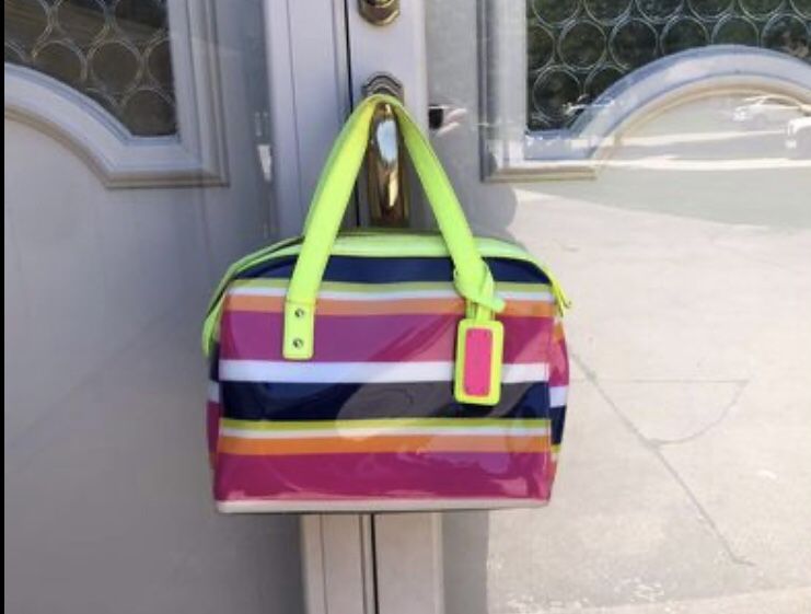 NINE WEST Glossy PVC Semi-Hard-Shell Color Block Handbag