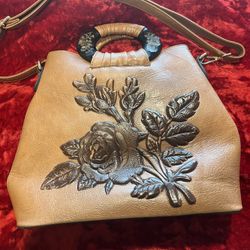 Brown Leather With Tooled Flower Satchel Purse With Removable Shoulder Strap