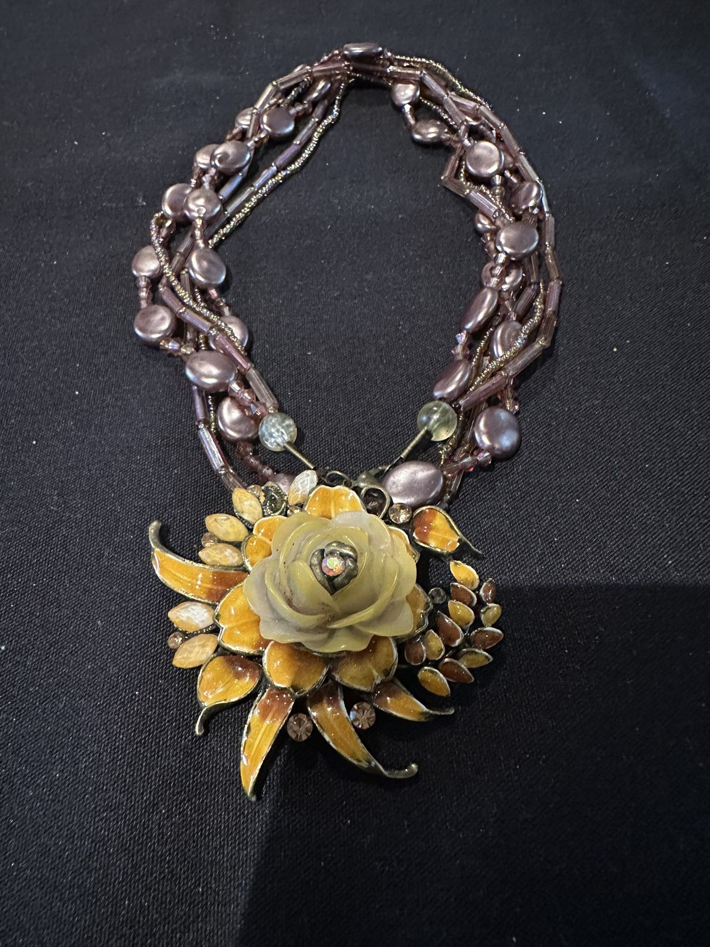 Vintage 3 Beaded Strands Necklace W/ Stunning Statement, Patient Amber Color Blend 2 To 2 1/2 Inches Wide With Rhinestones, Gems And Enamel