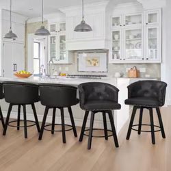 36.2 in QUIN Black Faux Leather High-Back Upholstered Counter Height Swivel Bar stool Bar Chair with Metal Base Set of 4