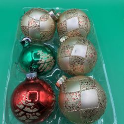 Vintage 6 Glass Christmas Ornaments Gold, Red And Green