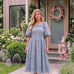 $58 Shipped New Small Polagram Easter Midi Dress Blue Textured Floral Square Neck Puff Sleeve fully Lining with pockets smocked in the back for extra 