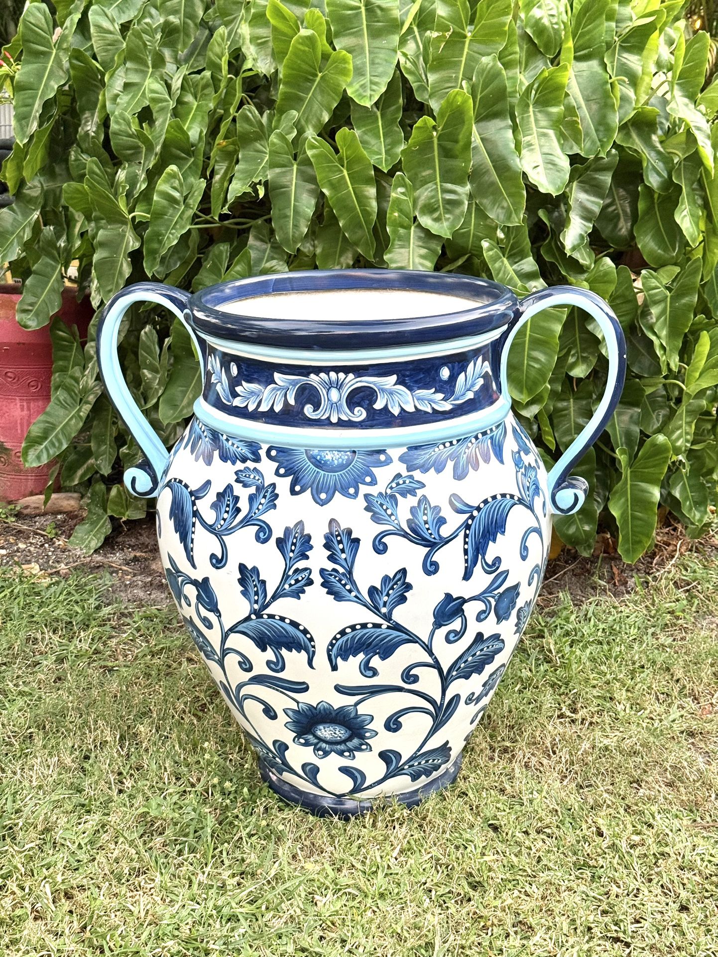 Frontgate Large Blue & White Decorative Fiberglass Urn – 28” Tall Handcrafted Vase