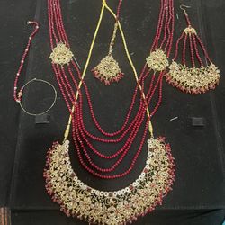 Beautiful Red & Gold Matching Wedding Jewelry With 2 Necklaces, 2 Headpieces & Nose Ring 