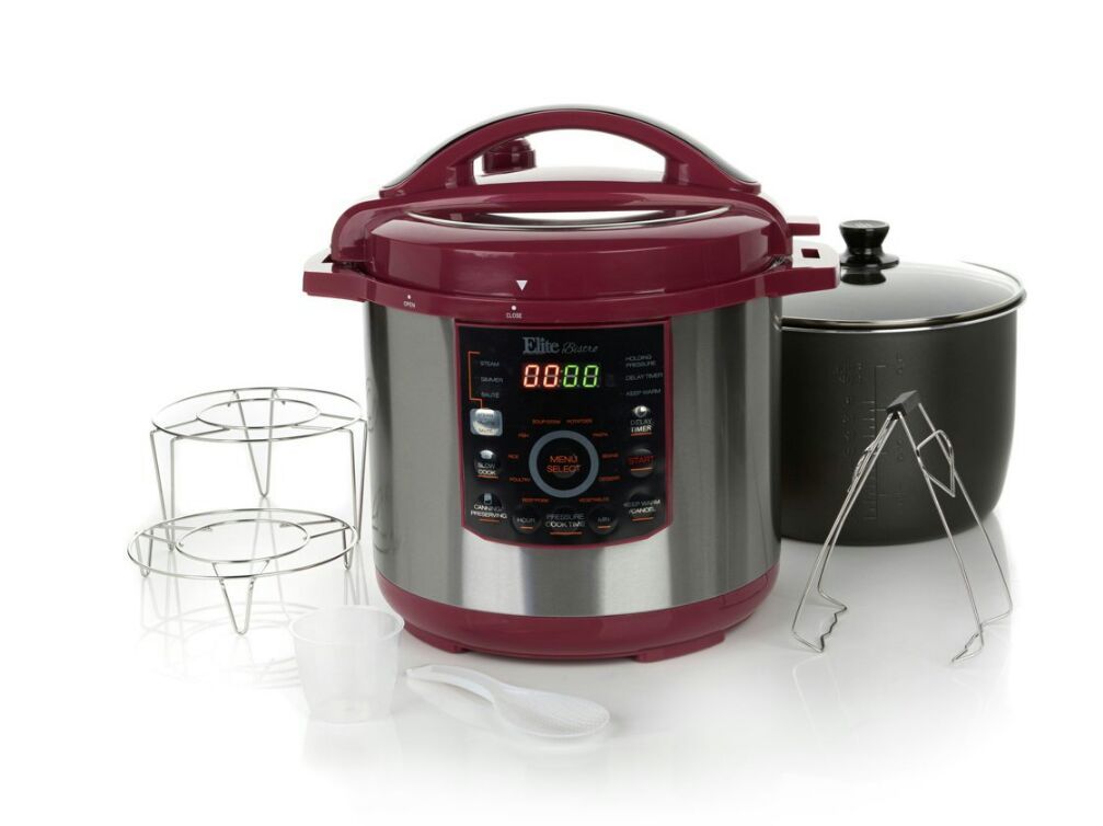 Elite Bistro 8qt 16-Function Electronic Pressure Cooker with Racks, Tongs and Lid