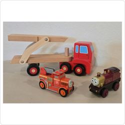 Wooden Car Transporter Truck Lot w/ Thomas & Friends Lady & Flynn Figures