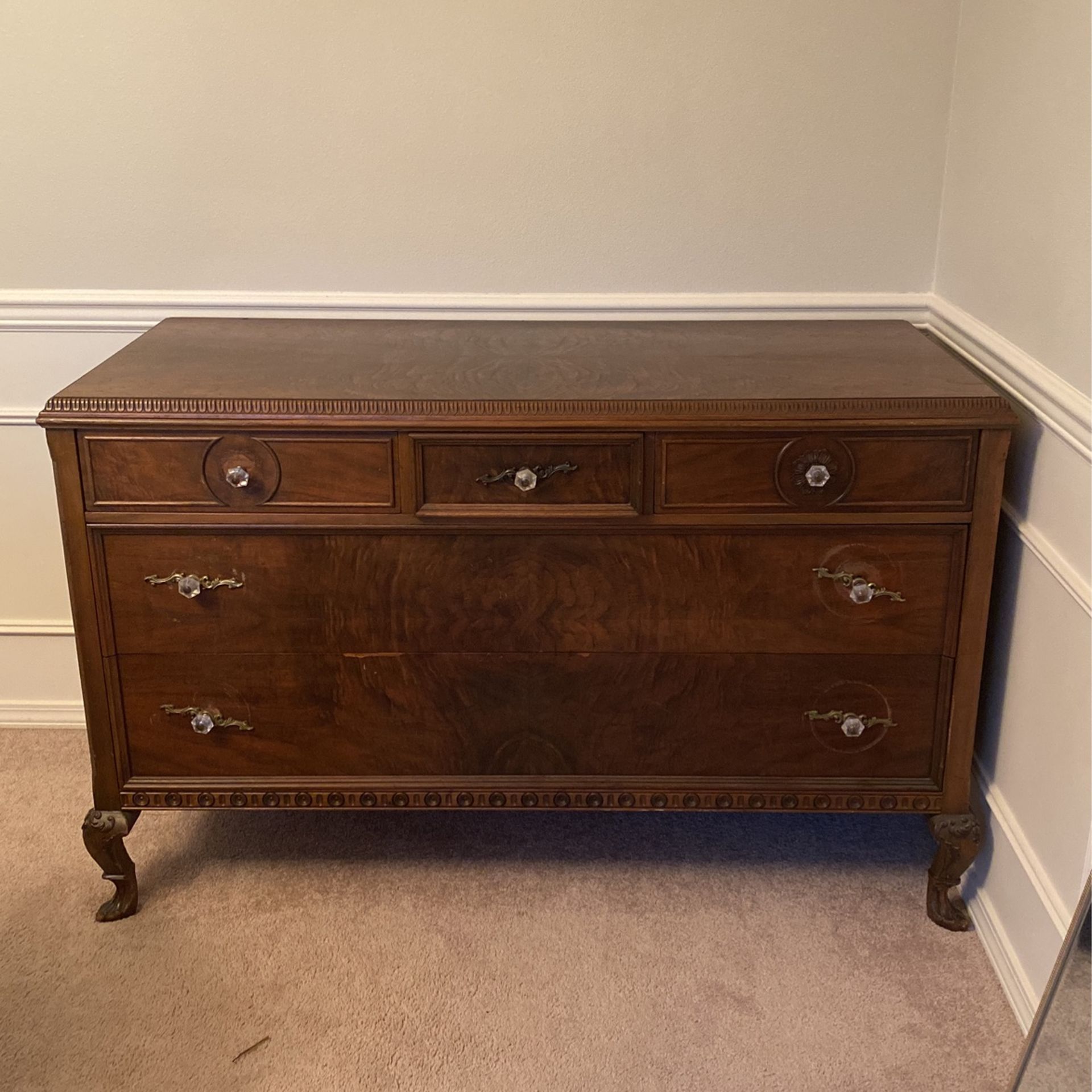 Antique Burl Wood Dresser 5 drawer