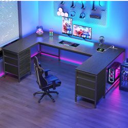 67" Large Gaming Desk with Power Outlets for Bedroom,Black Computer Desk with LED Strip Lights,6 Fabric Drawers,U Shaped Desk,Study Writing Table,Corn