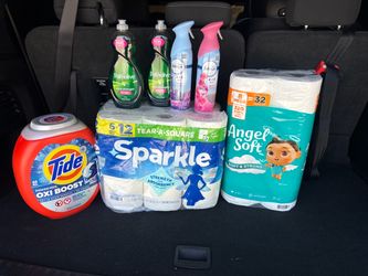 Tide pods, febreze spray, dish soap, paper towels & toilet paper bundle