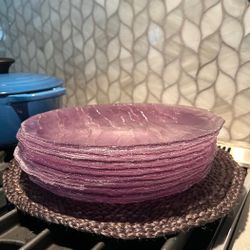 Vintage serving pieces: acrylic lavender plates that can be used as chargers ($20 for 9)