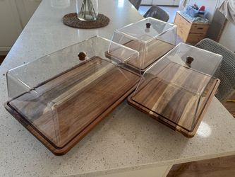 Acacia wood cake stand with covers - set of 3