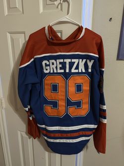 Wayne Gretzky Edmonton Oilers jersey with blue, orange, and white stripes size L 