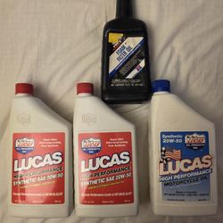 Brand New: 2 Lucas Synthetic SAE 20W-50 Motor Oil, 1 Lucas Motorcycle Oil, 1 Pro Honda Foam Filter Oil.