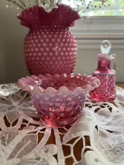 Antique 3 Pieces Pink Fenton Vase, Cruet & Bowl