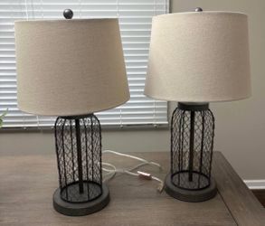 2 metal caged lamps