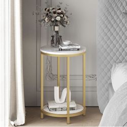Round Side Table, Modern Nightstand End Table with Gold Metal Frame &Faux Marble Top