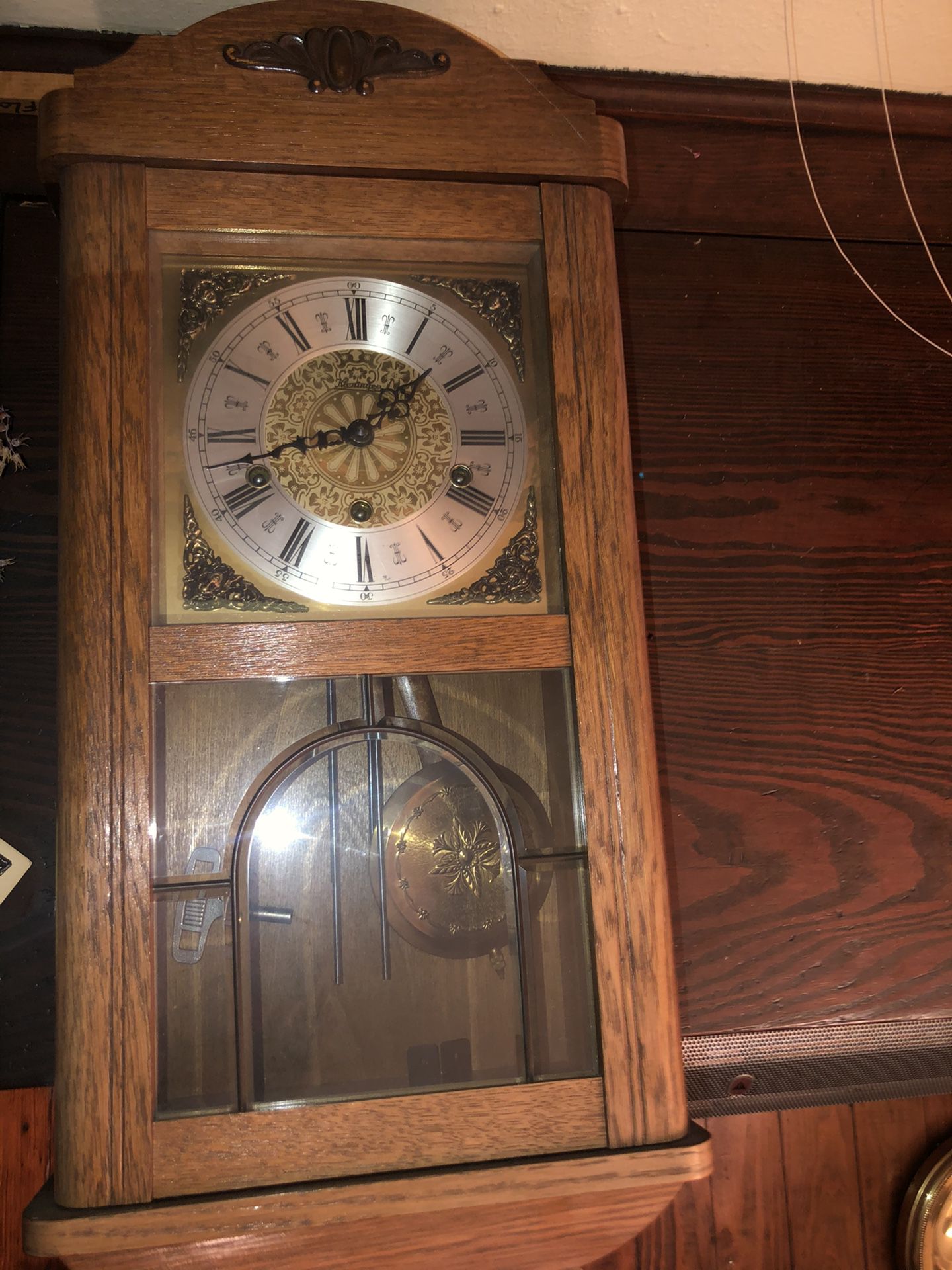 Antique German Oak Wall Clock with beveled glass door