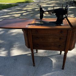 Antique White Rotary Sewing Machine In Cabinet