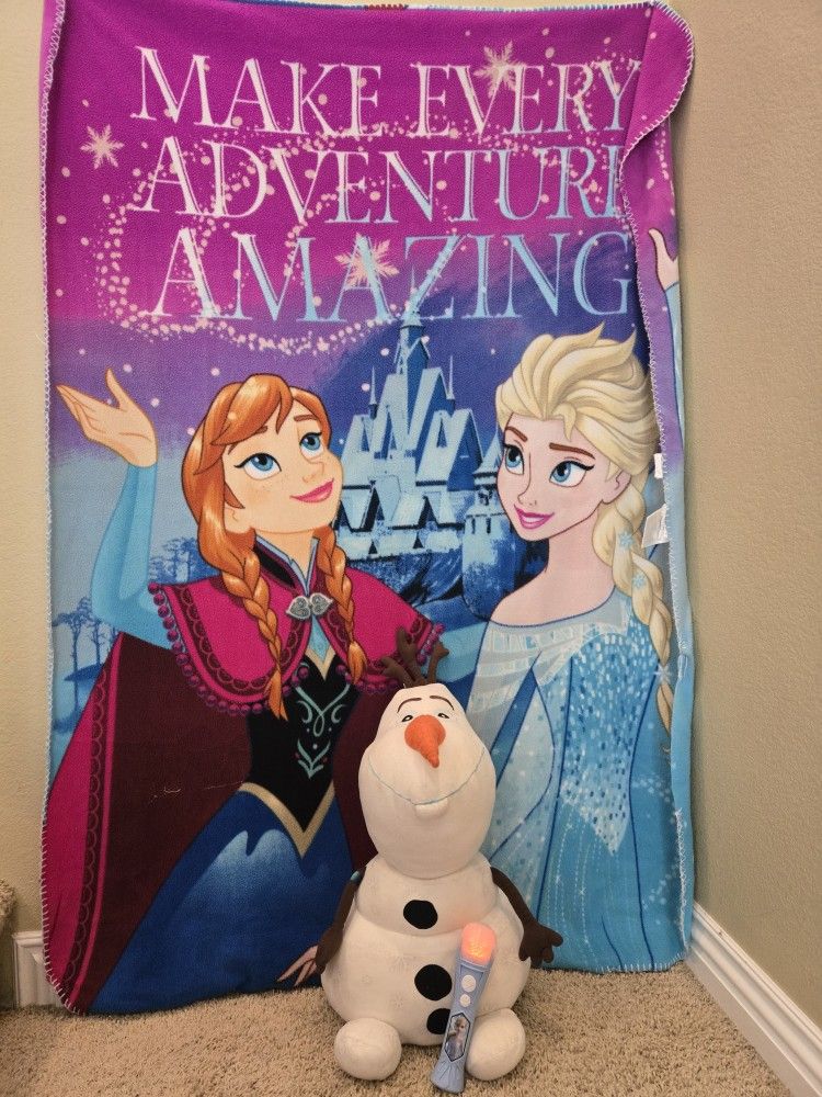 Elsa , Anna , Olaf Stuffed Animals Frozen Disney Blanket , And Singing Microphone With Music