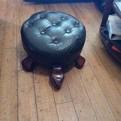 25" Walnut Wood Turtle Faux Crocodile Leather Tufted Cushion Footstool Ottoman 