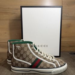 Gucci Men's Tennis 1977 Canvas High Top Sneakers Beige GG Print, Size 11