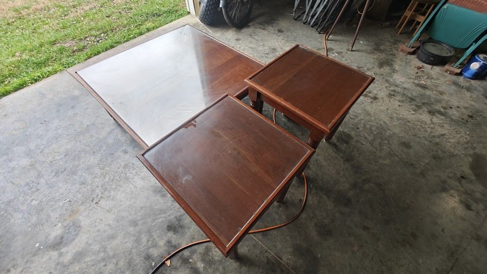 Glass Top Wood Coffee Table/End Table Set