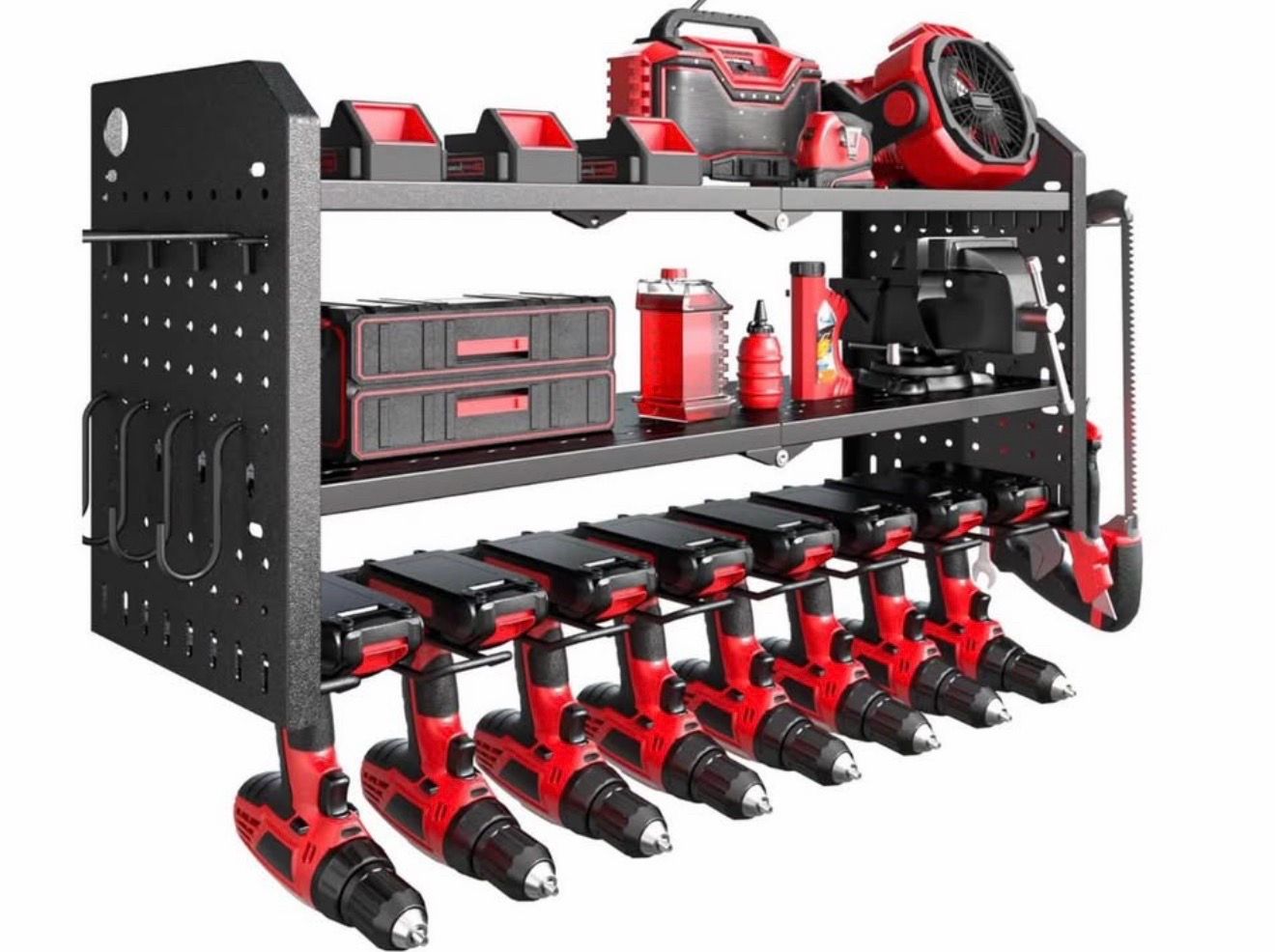 Power Tool Organizer Wall Mount, 8 Drill Holder Wall Mount with 3 Layer Tool Organizer