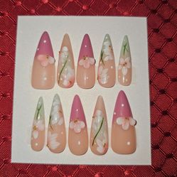 Press-On Nails | X-Long Stilletto | Beige w/ Pink, Pale Green Tips & 3D/Painted Flowers (#18)