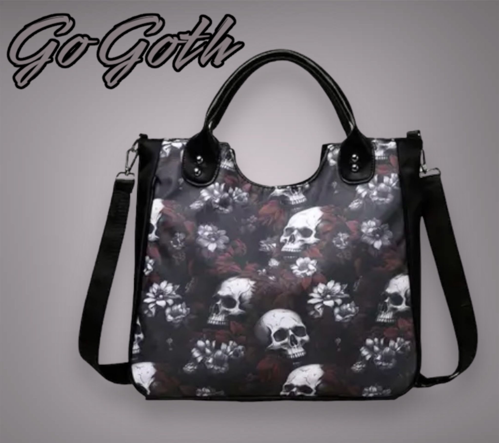 Gothic Skull Floral Print Tote Bag / Purse.